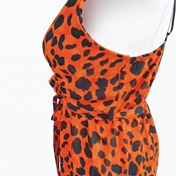Missi London Orange Leopard Print Jumpsuit Wrap Belted Wide-Leg Size US 4 - Picture 6 of 13